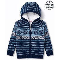 Babyhug Knit Full Sleeves Hooded Sweater With Floral Design - Navy Blue