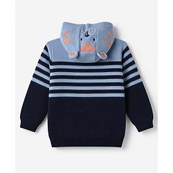 Babyhug Knit Hooded Sweater with Stripes & Tiger Design with Ear Applique - Blue