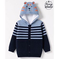 Babyhug Knit Hooded Sweater with Stripes & Tiger Design with Ear Applique - Blue