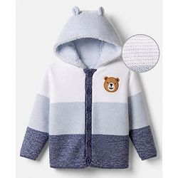 Babyhug Knit Front Open Full Sleeves Hooded Sweater with Bear Patch and Color Block - Blue