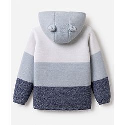 Babyhug Knit Front Open Full Sleeves Hooded Sweater with Bear Patch and Color Block - Blue