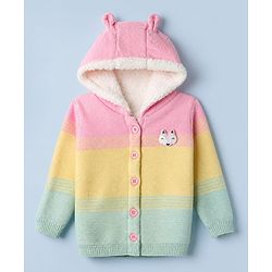 Babyhug Knit Front Open Full Sleeves Hooded Sweater with Fox Applique and Color Block - Yellow