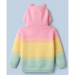 Babyhug Knit Front Open Full Sleeves Hooded Sweater with Fox Applique and Color Block - Yellow