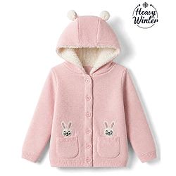 Babyhug Knit Full Sleeves Hooded Sweater With Bunny Patch - Pink