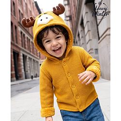 Babyhug Knit Full Sleeves Animal Embroidered Hooded Sweater -Yellow