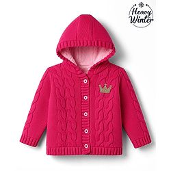 Babyhug Cable Fur- Lined Knit Full Sleeves Hooded Sweater with Crown Patch - Dark Pink
