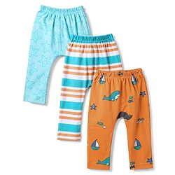 Babyhug Cotton Interlock Knit Full Length Diaper Leggings With Sea Life Print Pack of 3 - Multicolor