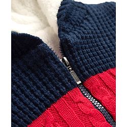 Babyhug Fur- Lined Knit Full Sleeves Hooded Sweater with Colour Block Design - Red