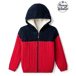 Babyhug Fur- Lined Knit Full Sleeves Hooded Sweater with Colour Block Design - Red