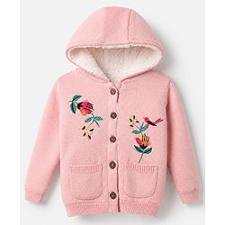Babyhug Knit Front Open Hooded Sweater with Full Sleeves and Flowers and Bird Embroidery in Pink
