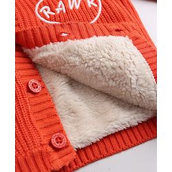 Babyhug Fur- Lined Knit Full Sleeves Hooded Sweater with Dinosaur Patch - Red