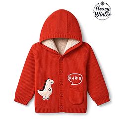 Babyhug Fur- Lined Knit Full Sleeves Hooded Sweater with Dinosaur Patch - Red