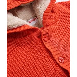 Babyhug Fur- Lined Knit Full Sleeves Hooded Sweater with Dinosaur Patch - Red