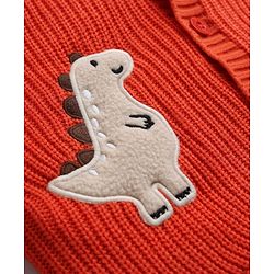 Babyhug Fur- Lined Knit Full Sleeves Hooded Sweater with Dinosaur Patch - Red