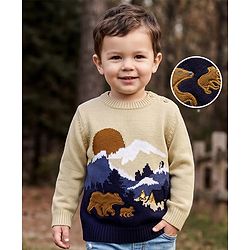 Babyhug Knit Full Sleeves Bear Embroidered Pullover Sweater - Beige