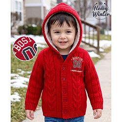 Babyhug Knit Full Sleeves Hooded Text Printed Sweater With Cable Knit - Red