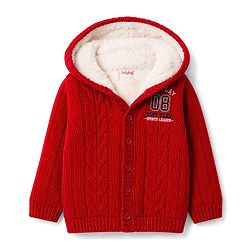 Babyhug Knit Full Sleeves Hooded Text Printed Sweater With Cable Knit - Red