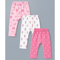 Babyhug Cotton Knit Full Length Diaper Leggings WIth Floral & Bow Print Pack of 3 - Multicolor