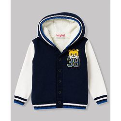 Babyhug Fur- Lined Knit Full Sleeves Tiger Embroidered Hooded Sweater - Navy Blue