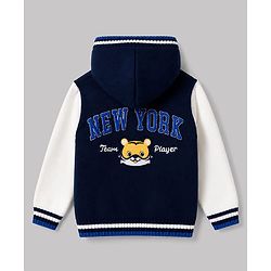 Babyhug Fur- Lined Knit Full Sleeves Tiger Embroidered Hooded Sweater - Navy Blue