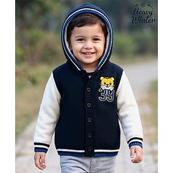 Babyhug Fur- Lined Knit Full Sleeves Tiger Embroidered Hooded Sweater - Navy Blue