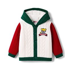Babyhug Knitted Full Sleeves Hooded Sweater With Tiger Embroidery - Green White & Red