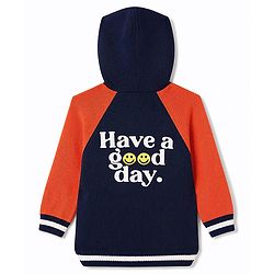 Babyhug Fur- Lined Knit Full Raglan Sleeves Hooded Sweater with Front & Back Text Design - Navy
