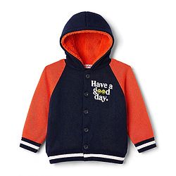 Babyhug Fur- Lined Knit Full Raglan Sleeves Hooded Sweater with Front & Back Text Design - Navy