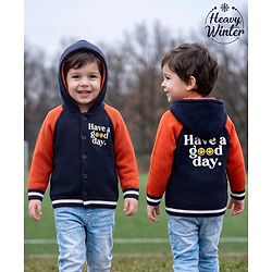 Babyhug Fur- Lined Knit Full Raglan Sleeves Hooded Sweater with Front & Back Text Design - Navy