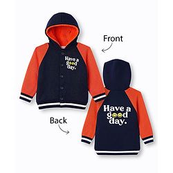 Babyhug Fur- Lined Knit Full Raglan Sleeves Hooded Sweater with Front & Back Text Design - Navy