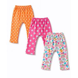 Babyhug Cotton Knit Full Length Diaper Leggings With Floral Heart & Rainbow Print Pack of 3 - Multicolor