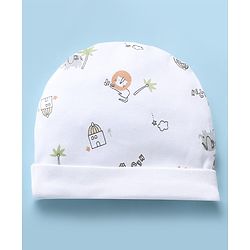 Babyhug 100% Cotton Interlock Knit Cap, Mitten & Booties with Lion Home Star Print White - Diameter 14 cm