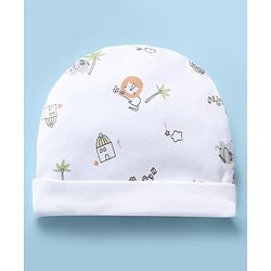 Babyhug 100% Cotton Interlock Knit Cap, Mitten & Booties with Lion Home Star Print White - Diameter 14 cm