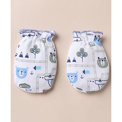 Babyhug 100% Cotton Interlock Knit Cap, Mitten & Booties with Vehicle Bear Map Print White - Diameter 14 cm