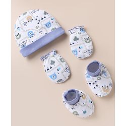 Babyhug 100% Cotton Interlock Knit Cap, Mitten & Booties with Vehicle Bear Map Print White - Diameter 14 cm