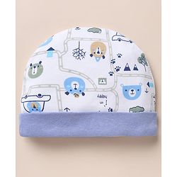 Babyhug 100% Cotton Interlock Knit Cap, Mitten & Booties with Vehicle Bear Map Print White - Diameter 14 cm