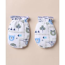 Babyhug 100% Cotton Interlock Knit Cap, Mitten & Booties with Vehicle Bear Map Print White - Diameter 14 cm