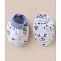 Babyhug 100% Cotton Interlock Knit Cap, Mitten & Booties with Vehicle Bear Map Print White - Diameter 14 cm