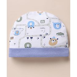 Babyhug 100% Cotton Interlock Knit Cap, Mitten & Booties with Vehicle Bear Map Print White - Diameter 14 cm