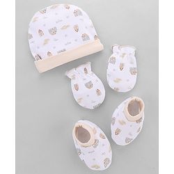 Babyhug 100% Cotton Interlock Knit Cap, Mitten & Booties Set With Rainbow Print White - Diameter 14 cm