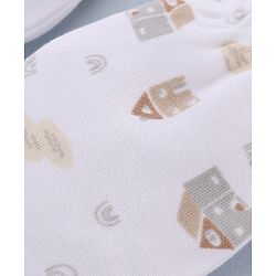Babyhug 100% Cotton Interlock Knit Cap, Mitten & Booties Set With Rainbow Print White - Diameter 14 cm