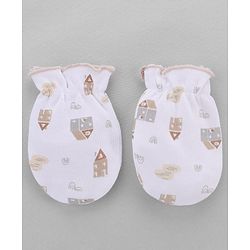 Babyhug 100% Cotton Interlock Knit Cap, Mitten & Booties Set With Rainbow Print White - Diameter 14 cm