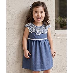 Babyhug Chambray Woven Sleeveless One Piece Frock With Floral Lace Detailing - Blue