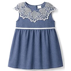 Babyhug Chambray Woven Sleeveless One Piece Frock With Floral Lace Detailing - Blue