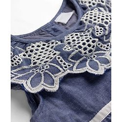 Babyhug Chambray Woven Sleeveless One Piece Frock With Floral Lace Detailing - Blue