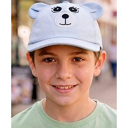 Babyhug 100% Cotton Woven Striped Baseball Cap With Bear Embroidery & Ear Applique Light Blue - Diameter 14.5 cm