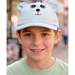 Babyhug 100% Cotton Woven Striped Baseball Cap With Bear Embroidery & Ear Applique Light Blue - Diameter 14.5 cm