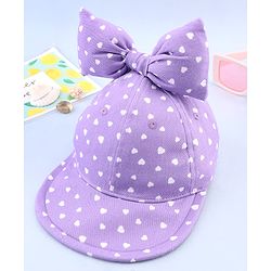Babyhug 100% Cotton Woven Summer Cap With Bow Applique & Heart Print Lilac - Diameter 21.5 cm