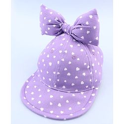 Babyhug 100% Cotton Woven Summer Cap With Bow Applique & Heart Print Lilac - Diameter 21.5 cm