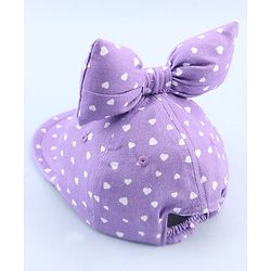 Babyhug 100% Cotton Woven Summer Cap With Bow Applique & Heart Print Lilac - Diameter 21.5 cm